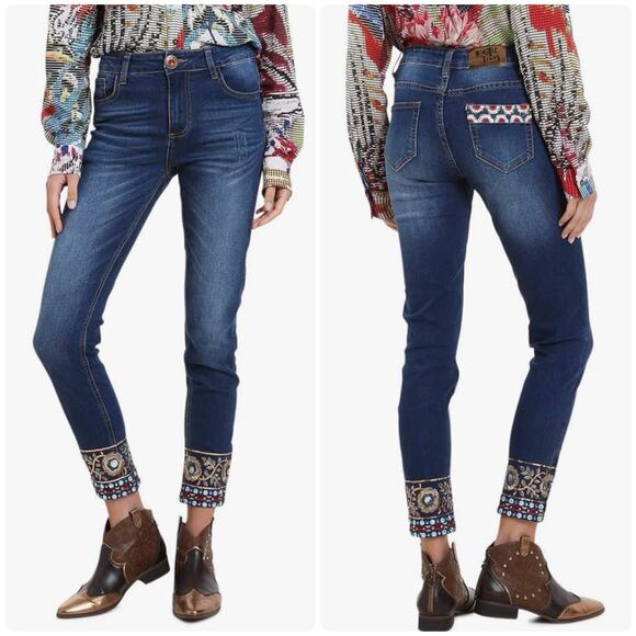 Desigual Denim - DESIGUAL Exotic Sequin Embroidered Metallic Floral Zip Ankle Skinny Jeans Sz 24